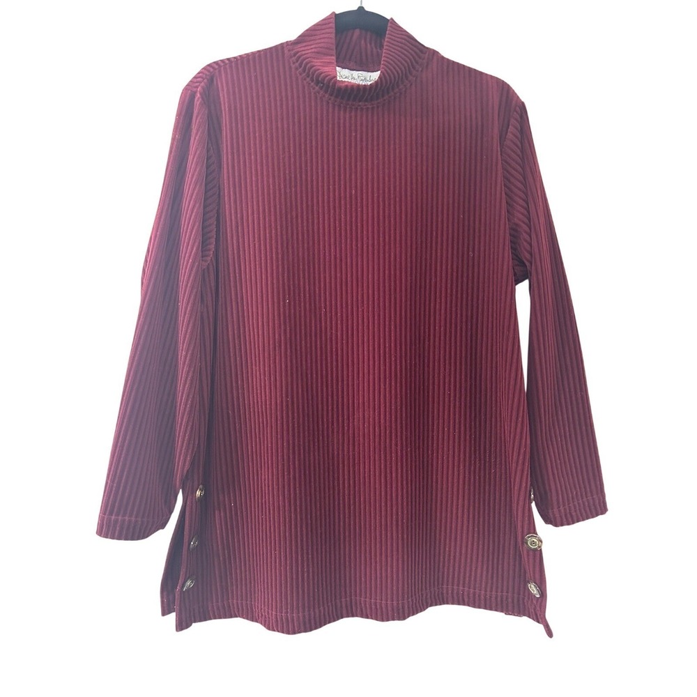 Diane von Furstenberg Burgundy Ribbed Mock Neck Tunic Top Side Button Detail M